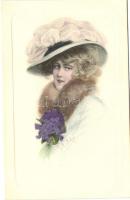 Lady with lilac flowers, M.Munk No. 450., s: R. R. v. Wichera