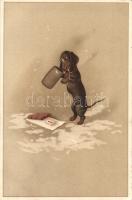 Dachshund wearing glasses, litho