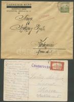 1920-1921 Kolozsvári helyi levél magyar bélyeggel, cenzúrázva+képeslap Adbádszalókról Kassára csehszlovák cenzúrával