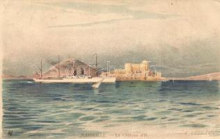 Marseille, Le Chateau d'If / castle, ship, litho s: E. Lessieux