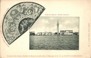 Venice, Venezia; Isola di Burano Veduta Generale, Ricordo della Scuola Merletti di Burano la sola sotto il Patronato S.M. la Regina Margherita / Burano Island, general view; Souvenir from the Lace School of Burano