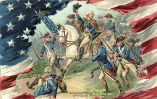 George Washington at the Battle of Princeton, soldiers, American flag; litho, Emb. (EB)