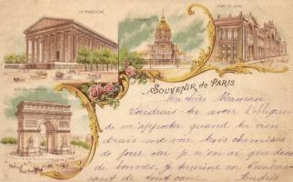 Paris, La Madeleine, Les Invalides, Gare du Nord, Arc de Triomphe / railway station, arch, floral, Art Nouveau litho (EK)