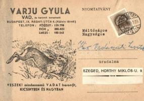 Varju Gyula vad és baromfi kereskedő reklám képeslapja, felvásárlási árjegyzékkel / advertising postcard of a Hungarian wild game meat salesman