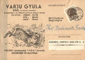 Varju Gyula vad és baromfi kereskedő reklám képeslapja, felvásárlási árjegyzékkel / advertising postcard of a Hungarian wild game meat salesman