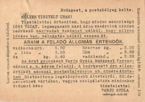 Varju Gyula vad és baromfi kereskedő reklám képeslapja, felvásárlási árjegyzékkel / advertising post...