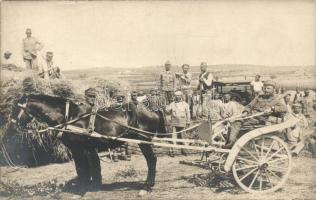 Az K.u.K. hadsereg tisztje lovaskocsiban, katonák és haditengerészek aratás közben / Officer of the Austro-Hungarian Army sitting in a horse carriage, harvesting soldiers and mariners, photo (EK)