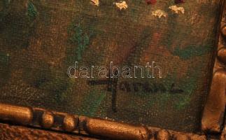 Harencz János (?-?): Pihenő lovak. Olaj, vászon- üveg, keretben, 25×35 cm