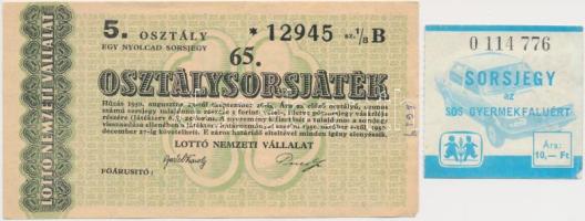 1950. "65. Osztálysorsjáték - 5. osztály egy nyolcad sorsjegy" + DN "Sorsjegy az SOS Gyermekfaluért" 10Ft értékben T:II-