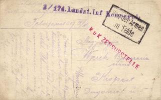 K.u.K. katonák egy pincéből kialakított barakk előtt, a hátoldalon tábori pecsételéssel, I. világháb...