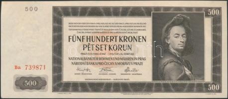 Német 3. Birodalom / Cseh-Morva Protektorátus 1942. 500K 2. kiadás T:I,I- apró sarokhajlás és kopás  German Third Reich / Protectorate of Bohemia and Moravia 1942. 500 Korun 2nd issue C:UNC,AU tiny corner wear and bend  Krause 12