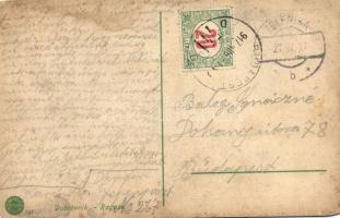 Dubrovnik, Ragusa; látkép a városfallal, pirosszámú portóbélyeg a hátoldalon / general view with cit...