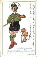 1910 Vienna, Wien; I. Internationale Jagdausstelung / Hunter with dog, advertisment postcard of the I. International Hunter Exhibition, s: E. Lenhard (EK)