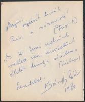 1980 Bánffy György (1927-2010) színművész üdvözlő sorai és aláírása kivágott lapon. Hátoldalán Gina Cigna (1900-2001) olasz-francia operaénekesnő aláírása.