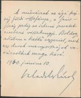 1940 Szladits Károly (1871-1956) jogász, akadémikus  autográf sorai és aláírása kivágott lapon.