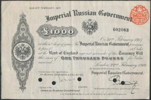 Nagy-Britannia / London 1916. 1000Ł "Orosz Birodalmi Kormány" kincstárjegy, lyukasztott T:III tűlyukak Great Britain / London 1916. 1000 Pounds "Imperial Russian Government" treasury bill with holes  C:F needle holes