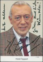 Horst Tappert (1923-2008) német színész autográf sorai és aláírása az őt ábrázoló fotólapon.