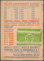 cca 1930 Pannoniabank szerencsesorsjegy reklámlap. Hátoldalán szerencseszámot tartalmazó borítékkal