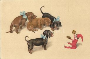 Dog puppies with Jester, litho