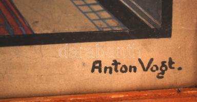 Anton Vogt jelzéssel: Lépcsőház. Tempera, papír, jelzett, üvegezett keretben, 48x32 cm