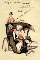 1899 Couple in horse cart, litho (EK)