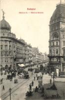 Budapest VIII. Rákóczi út, Takarékpénztár, Drogéria, villamos