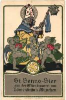 St. Benno Bier aus der Aktienbrauerei zum Löwenbräu in München / beer advertisement s: Otto Obermeier, Hungarian pub advertisment on backside (r)
