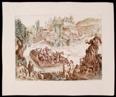 Szabó Vladimir (1905-1991): Komp. Színezett rézkarc, papír, jelzett,  29×39 cm