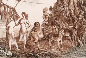 Szabó Vladimir (1905-1991): Komp. Színezett rézkarc, papír, jelzett,  29×39 cm