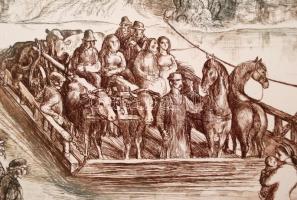 Szabó Vladimir (1905-1991): Komp. Színezett rézkarc, papír, jelzett,  29×39 cm