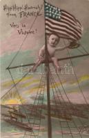 Vers la Victoire! / To Victory!, french postcard celebrating the entry of the United States to World War I, USA flag, baby on mast, warships in the background