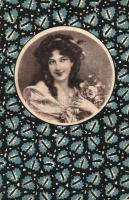 Lady, Stoff-Reproduktion, Serie L. Wiener Werkstätte, Stoffmuster-Entwurf von E. Hausler (EK)