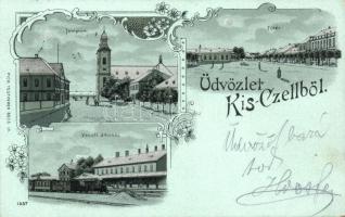 Kiscell, Celldömölk; vasútállomás, templom, főtér, kiadják a Pick Testvérek; Art Nouveau, silver decorated litho (EB)