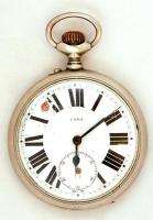 Edda márkájú, fém zsebóra, másodperc mutatóval, működő szerkezettel, repedt porcelán számlappal, hozzá bőr tokkal / Edda working pocket watch