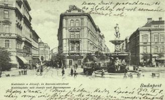 Budapest VIII. Kálvin tér, József és Baross utca, villamos, gyógyszertár, Magyar fém és lámpaáru gyár  (b)