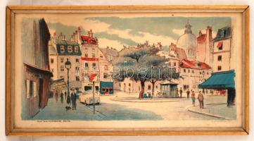 Eriksson jelzéssel: Place' de la Contrescarpe. Színes litográfia, üvegezett keretben, 22×46 cm