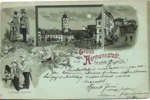 1899 Nagyszeben, Hermannstadt, Sibiu; Kiskörűt, Polgárlépcső, szász pár, román népviselet / avenue, staircase, saxon couple, Romanian folklore; Art Nouveau, floral litho (EB)