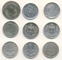 Kis hagyaték tétel 9db Ag pénz 1848. 20kr Ag T:3 f.nyom + 1894. 1K Ag T:3 1914,1915. T:1/2 + 1896. "Millenium" (2x) T:2 1926,1936,1939 1P Ag T:3
