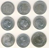 Kis hagyaték tétel 9db Ag pénz 1848. 20kr Ag T:3 f.nyom + 1894. 1K Ag T:3 1914,1915. T:1/2 + 1896. &...