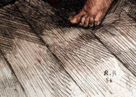 R.R jelzéssel: Kártyások. Színezett rézkarc, papír, üvegezett keretben, 24×21 cm