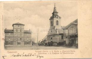 Temesvár, Timisoara; Gyárváros, Római Katolikus templom, Tűzoltótorony / factory district, church, firewatch tower (kis felületi sérülések / minor surface damage)