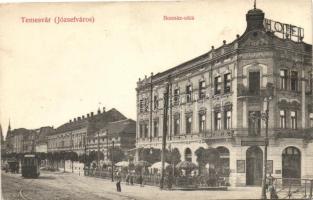 Temesvár, Timisoara; Bonnáz utca, Royal Szálló, villamos, Gombag Gyula üzlete, kiadja Grün Károly / street, Hotel Royal, tram, shop