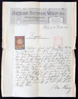 1904 Arthur Bittner Wien  hivatalos levél díszes fejléces papíron okmánybélyeggel, (1 krone, 30fillér), kissé viseltes szélekkel, 29x23cm