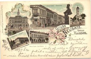 1899 Újvidék, Neusatz, Novi Sad; Városház, Duna utca, Almási templom, Népiskola, Szerb Matica / town hall, street, church, school, Art Nouveau, floral, litho (fa)