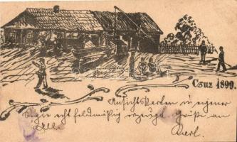 1899 Csúz, Cúz, Dubník; Gazdaság, kézzel rajzolt képeslap / farm, hand-drawn art postcard, 2 Ga. (vágott / cut)