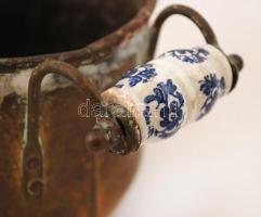 Antik réz kaspó porcelán fogóval, m:11 cm