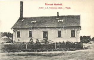 Kisbér, a Kisbéri m. k. tejmunkás iskola épülete, a Tejház, kiadja özv. Háslinger Mórné fűszerkereskedés (vágott / cut)