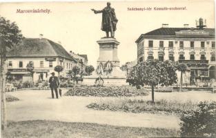 Marosvásárhely, Targu Mures; Széchenyi tér, Kossuth szobor, Takarékpénztár, Bucher Lajos, Bartsch T. Károly és Henning Károly üzlete / square, statue, bank, shops