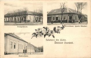 Újozora, Ozora, Uzdin; Posta, Klauber Ignác üzlete, Orvosok háza, kiadja Dajkovits J. utóda / Post office, shop, Doktorhaus, floral