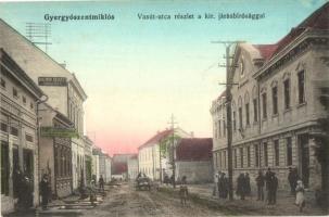 Gyergyószentmiklós, Vasút utca, kir. járásbíróság, Bocskor Gergely szíjgyártó kereskedése, Gáspár Máté üzlete. Burján és Székely kiadása / street with court, shops